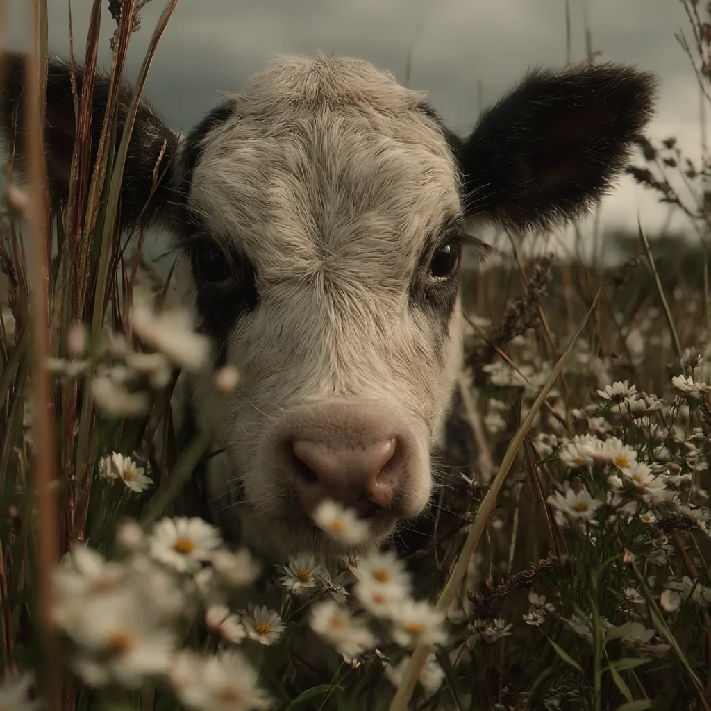 A young, black and white calf peeks inquisitively from behind a field of wildflowers. Its large, dark eyes are captivating, and its soft fur is highlighted by the muted sunlight.  The calf's gentle expression and the serene setting create a peaceful, idyllic scene. The overall mood is one of quiet charm and natural beauty.