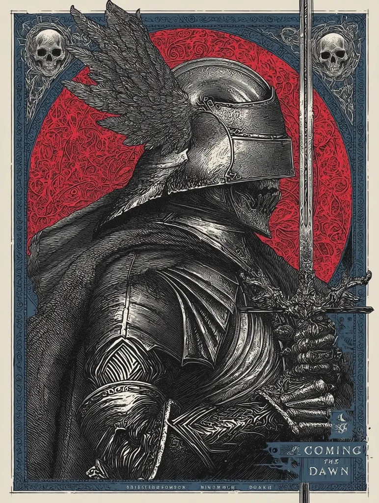 A monochromatic illustration depicts a knight in ornate, winged armor, holding a sword.  The knight's face is obscured by the helmet. The background features a red circle with intricate detailing, framed by a dark blue border with skull motifs.  The style is reminiscent of woodblock printing or etching, with a dark, gothic aesthetic. "Coming of the Dawn" is inscribed at the bottom.