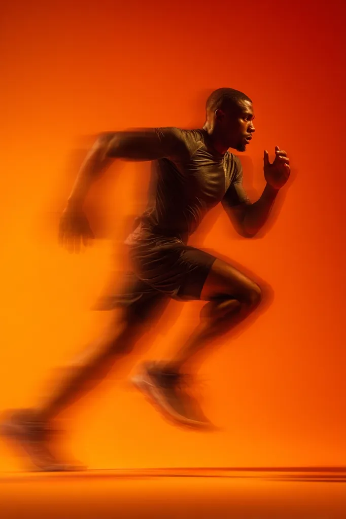A dark-skinned athlete is captured mid-stride against a vibrant orange background.  The image uses motion blur to emphasize speed and dynamism, creating a powerful and energetic visual.  He's wearing dark athletic clothing and shoes, his body angled forward in a full sprint.  The overall effect is one of intense athleticism and focus.