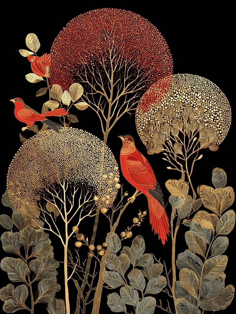 A striking illustration features three vibrant red birds perched amidst stylized trees and foliage against a black background. The trees boast circular canopies in varying shades of red and gold, their branches intricately detailed.  Gold and gray-green leaves complete the scene, creating a luxurious and exotic aesthetic.  The overall style is reminiscent of botanical art with a modern, graphic twist.