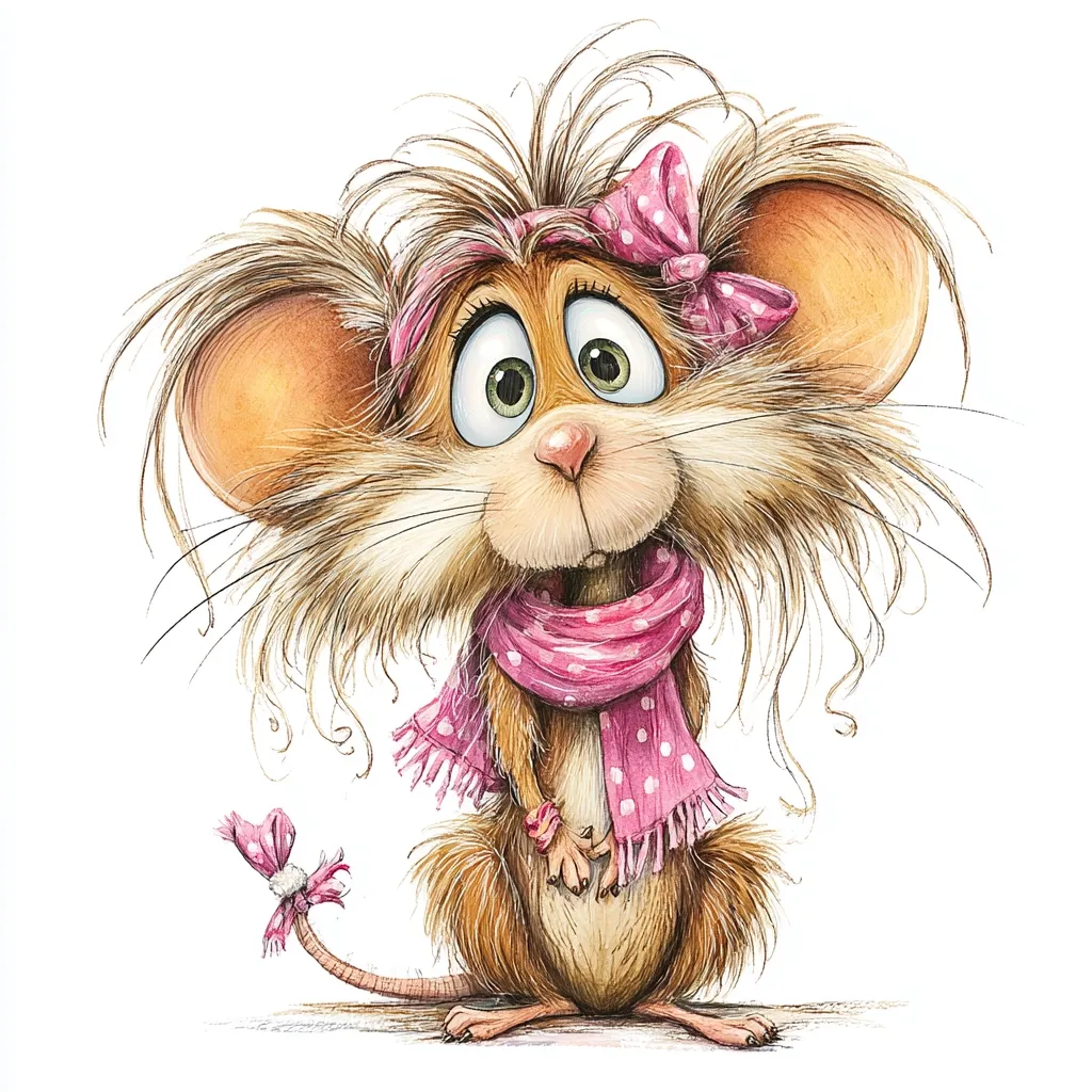 A whimsical illustration of a mouse.  The mouse has large, expressive eyes, shaggy brown fur, and a pink polka-dotted scarf and headband. Its long, wispy fur extends around its head and body. The mouse appears friendly and curious, with a slightly surprised expression. The style is cartoonish and charming, perfect for children's books or illustrations.
