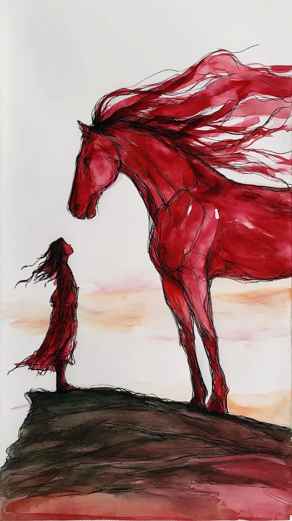 A watercolor and ink painting depicts a young girl in a red dress standing on a cliff, gazing up at a large, crimson horse with flowing mane. The horse's form is rendered with flowing lines and washes of red, while the girl is more detailed. The background suggests a sunset, creating a dramatic, ethereal mood.  The scene evokes a sense of wonder and connection between the girl and the majestic animal.