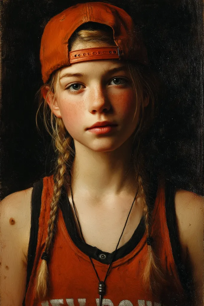 A hyperrealistic portrait of a young girl with fair skin and freckles. She wears an orange baseball cap, an orange tank top, and a dark necklace. Her blonde hair is styled in two braids that frame her face.  The painting's dark background emphasizes the girl's features and the texture of her skin and clothing.  The overall mood is serious and contemplative.