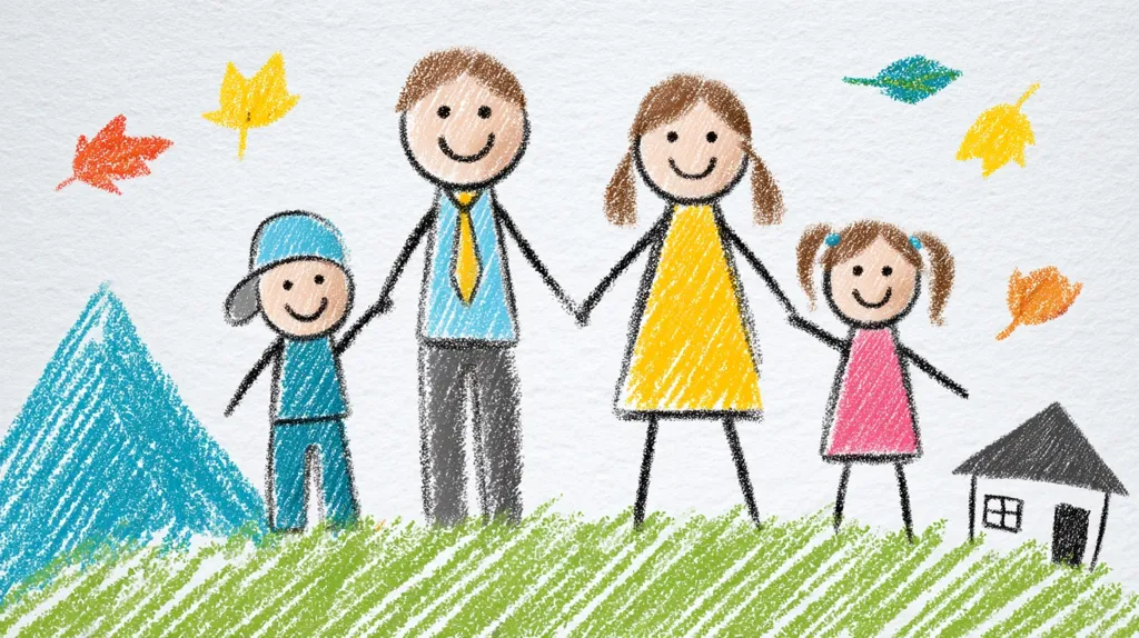 A child's crayon drawing depicts a happy family of four standing hand-in-hand on a grassy field.  The father wears a tie, the mother a yellow dress, the son a blue cap and shirt, and the daughter a pink dress.  Falling leaves and a small house add to the idyllic autumnal scene, suggesting a sense of home and family.  A blue mountain is drawn in the background. The style is simple and charming.