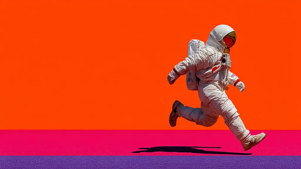 An astronaut in a white spacesuit runs across a vibrant, layered background.  The backdrop transitions from bright orange to fuchsia to purple, creating a bold and dynamic contrast to the astronaut's movement. The image has a pop art feel, emphasizing movement and color. The astronaut's shadow stretches behind, adding depth.