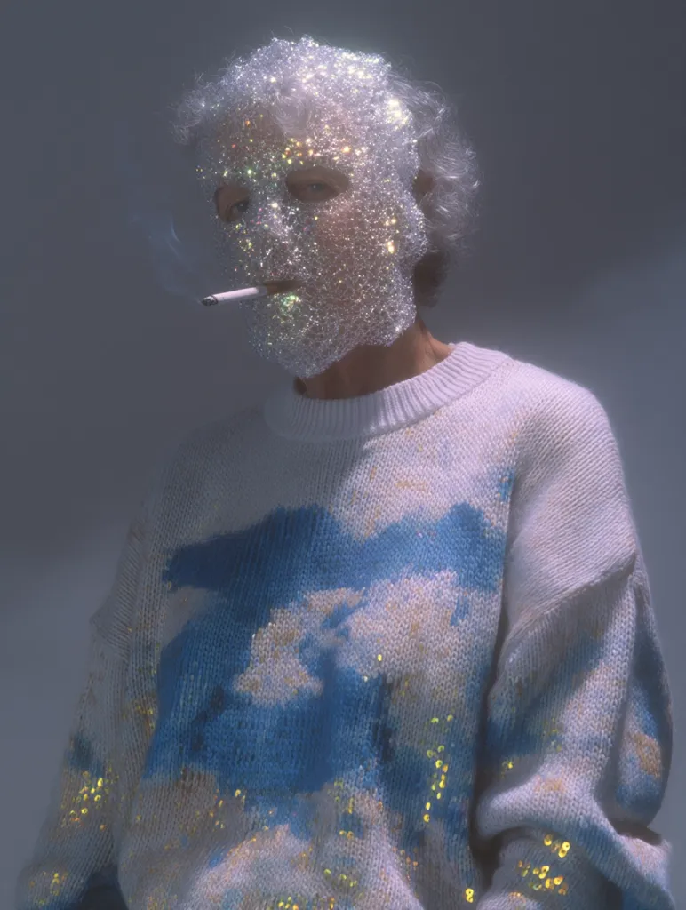 An older woman with short, gray hair is shown wearing a white sweater with a blue cloud pattern. Her face is covered by a shimmering, glittery, bubble-like substance.  A cigarette hangs from her lips, smoke curling upwards. The overall effect is surreal and slightly unsettling, with a dreamy, ethereal quality.