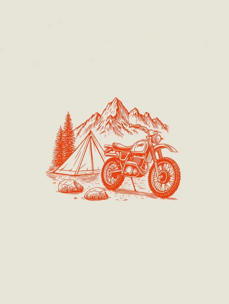 A hand-drawn illustration depicts a vintage motorcycle parked near a tent in a mountainous landscape.  The style is reminiscent of a woodcut or linocut print, with bold orange lines against a light beige background.  Coniferous trees and rocks are included in the scene, suggesting a remote and adventurous setting. The image evokes a sense of freedom and exploration.