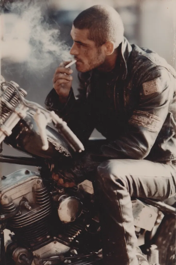A man with short hair, dressed in a leather jacket and pants, sits astride a motorcycle. He holds a lit cigarette, smoke curling around his face.  The image is grainy, suggesting a vintage photograph. The motorcycle's engine is partially visible, and the overall tone is dark and moody. The man's expression is serious and contemplative.