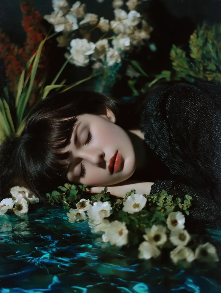 A young woman with dark hair sleeps peacefully, her face nestled amongst white flowers.  She wears a dark, textured garment. The scene is dreamlike and ethereal, with the flowers and the woman seemingly floating on a dark, rippling teal surface.  The overall mood is serene and mysterious, highlighted by soft lighting.