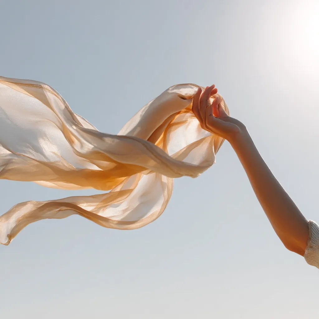 A pale golden sheer scarf billows in the wind, held aloft by a slender hand against a clear, bright sky.  The fabric drapes elegantly, its translucent quality emphasized by the sunlight.  The image evokes a feeling of lightness, freedom, and serenity.