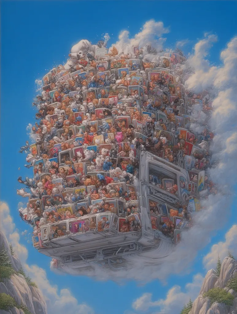 A large, futuristic vehicle floats in a clear blue sky, surrounded by fluffy white clouds.  The vehicle is densely packed with numerous small figures and objects, resembling a massive, mobile collection of portraits or illustrations.  The figures appear diverse, including animals and humans, creating a surreal and whimsical scene against the backdrop of distant mountains.  The overall impression is one of fantastical transportation or a floating archive.