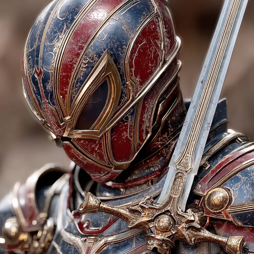 Close-up view of a meticulously detailed knight's helmet and armor. The helmet is predominantly red and blue with gold accents, exhibiting a weathered, aged texture.  Intricate designs and patterns adorn the surface. A long, ornate sword rests across the chest, mirroring the armor's ornate style and color palette. The overall impression is one of ancient, powerful artistry and battle-worn resilience.