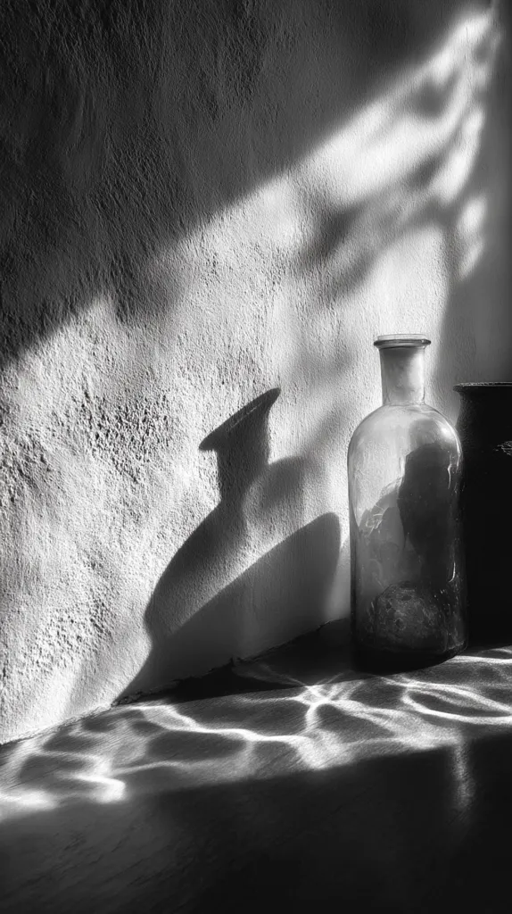 A black and white photograph captures a still life scene.  A glass bottle and a partially visible dark container sit on a surface, illuminated by sunlight streaming through a window. The light creates dramatic shadows on a textured wall and shimmering reflections on the surface below, emphasizing the contrast between light and shadow.  The overall mood is serene and contemplative.