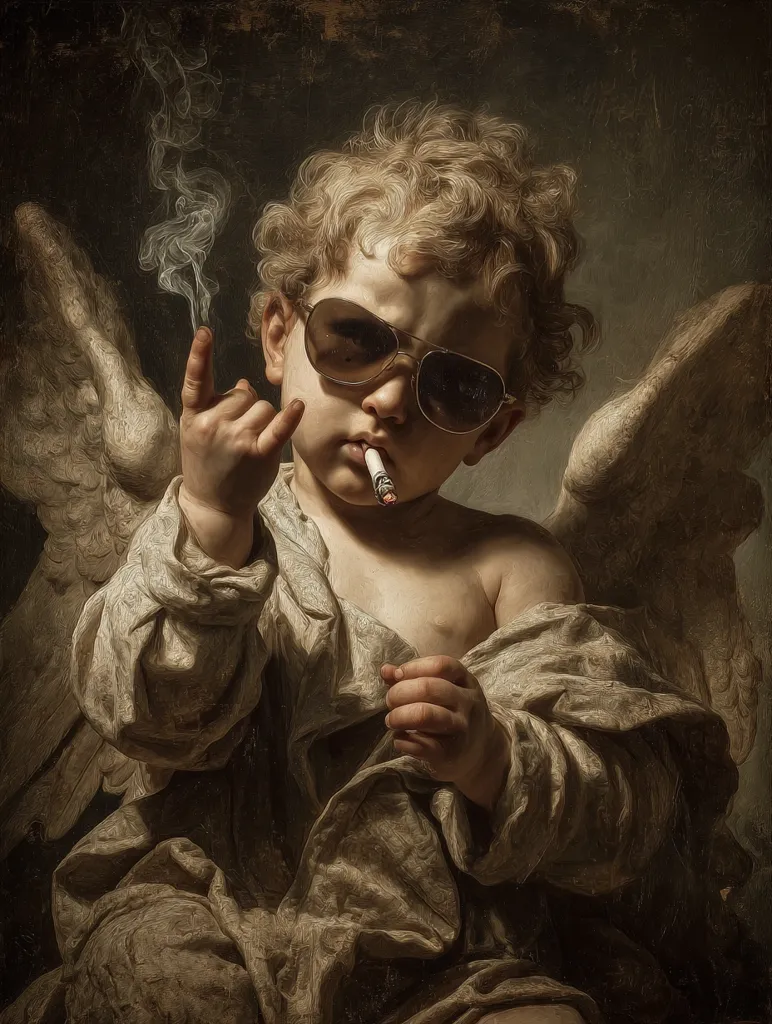 A cherubic angel, rendered in the style of a Baroque painting, is depicted smoking a cigarette while wearing aviator sunglasses. The angel's expression is one of defiance, subtly contrasting with the traditional depiction of innocence.  The dark, smoky background enhances the dramatic effect, creating a striking juxtaposition between the sacred and the profane.  The image's composition and lighting are reminiscent of classical art, yet the subject matter is unexpectedly modern and rebellious.