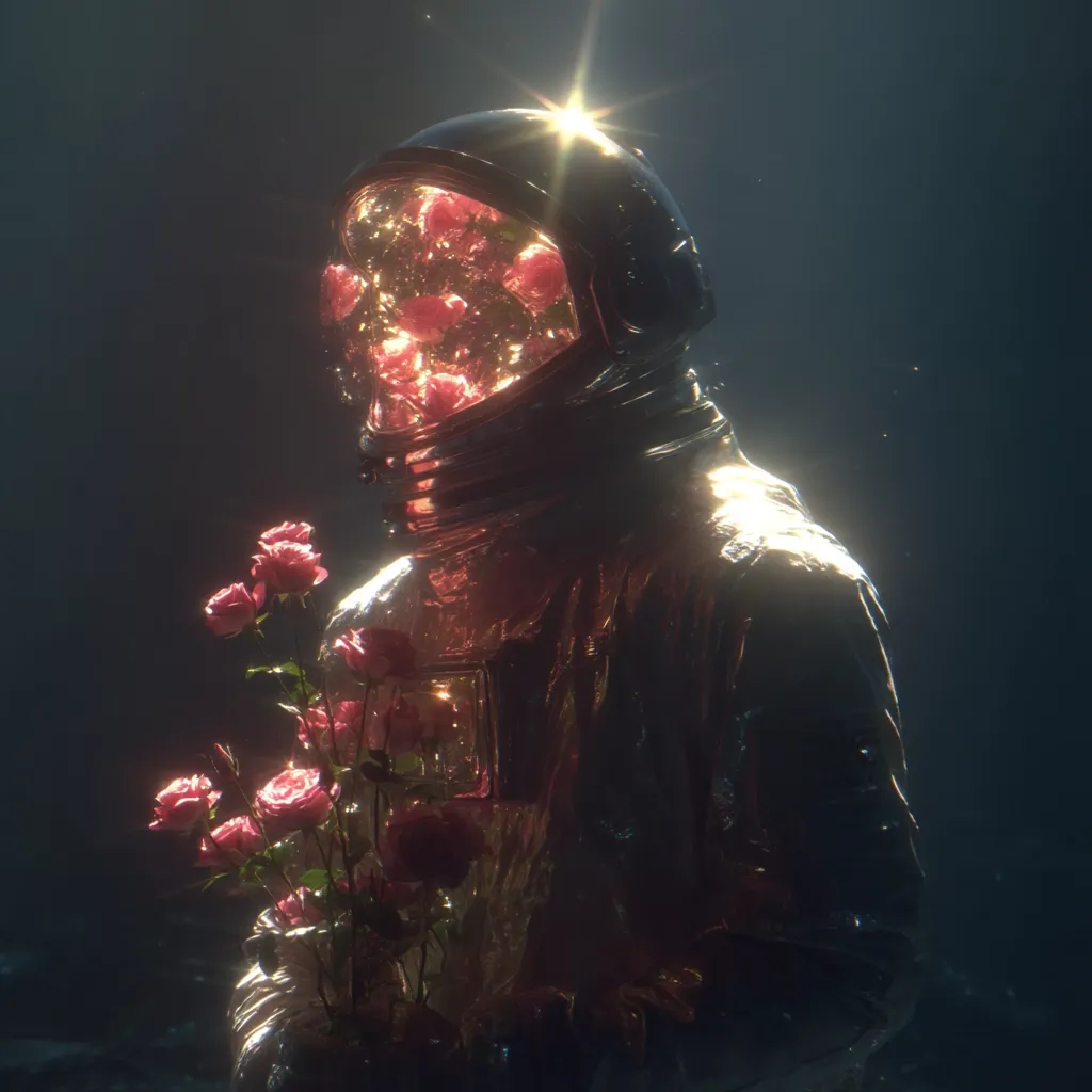 A golden astronaut's helmet, filled with pink roses, glows in a dark, ethereal setting.  The astronaut, bathed in warm light, holds a bouquet of similar roses.  The image creates a surreal and melancholic mood, juxtaposing the cold, metallic suit with the delicate beauty of the flowers.  A sense of mystery and quiet contemplation pervades the scene.