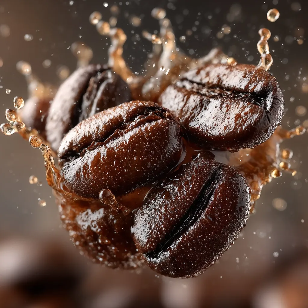 Several dark brown coffee beans are suspended in mid-air, drenched in a rich, dark liquid.  The liquid splashes dramatically around the beans, creating a dynamic and visually arresting image. The beans appear glossy and wet, highlighting their texture and rich color. The overall effect is one of energy and deliciousness, perfectly capturing the essence of freshly brewed coffee.