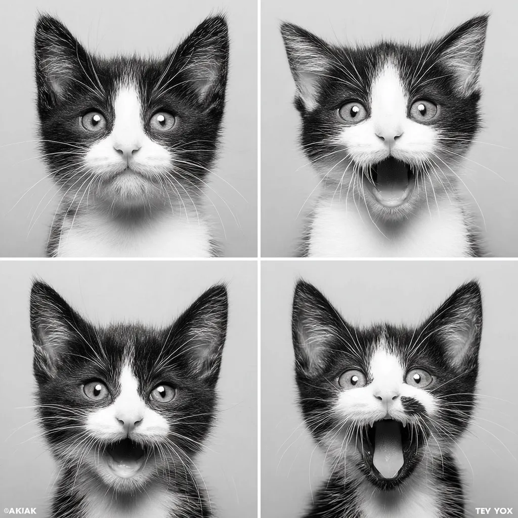 A black and white kitten is shown in a four-panel image, displaying a variety of expressions.  The kitten's face is centered in each square.  In the first and third panels, the kitten has a serene expression. The second and fourth panels show the kitten with its mouth open in a surprised or playful expression, with slight variations in the openness of its mouth.  The photos are in black and white.