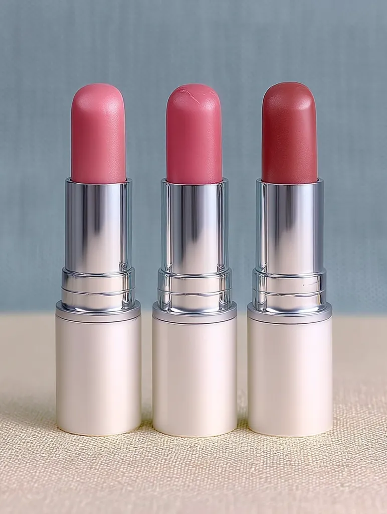 Three tubes of lip balm or lipstick stand in a row on a beige surface.  Each tube has a light pink, medium pink, and rose-brown colored balm at the top, with a silver band and a white base. The background is a muted blue. The image is clean and simple, focusing on the product presentation.