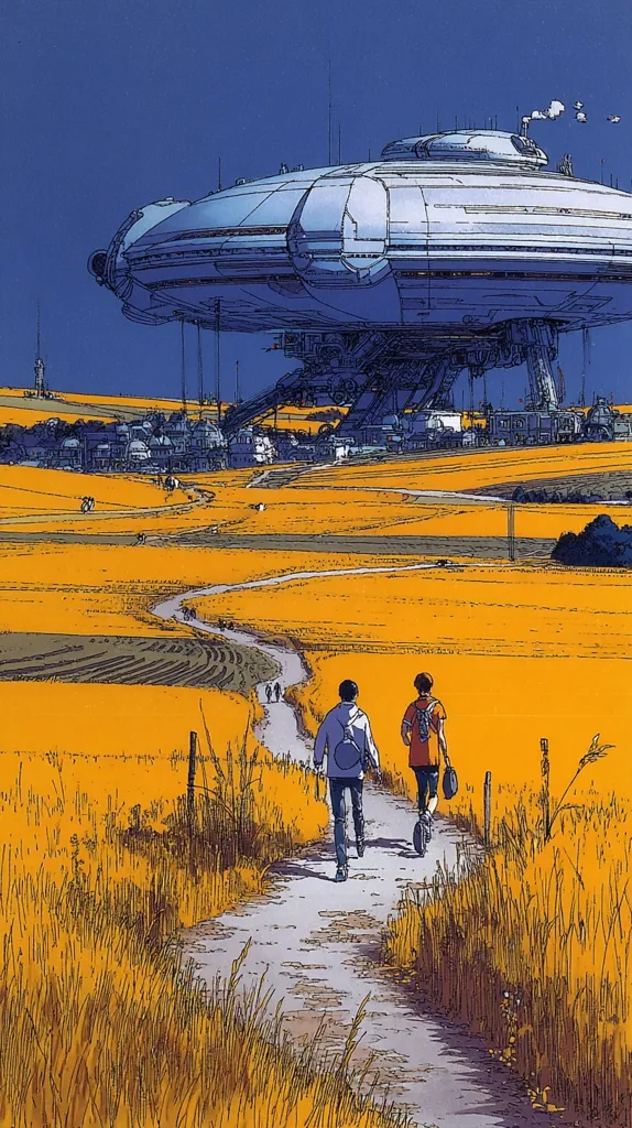 Two figures walk a path through a sun-drenched field, their backs to the viewer.  A massive, futuristic saucer-shaped craft dominates the background, its landing gear resting on the ground near a small village. The scene is rendered in a distinctive graphic novel style, with bold outlines and vibrant, stylized colors. The overall mood is one of quiet contemplation and a blend of futuristic technology and rural serenity.