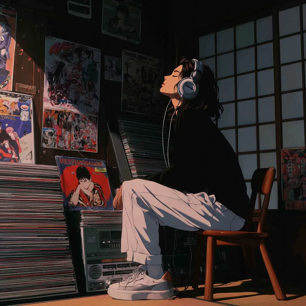 A young woman, headphones on, sits serenely in a dimly lit room, surrounded by stacks of vinyl records and anime posters.  Sunlight streams through a shoji screen, illuminating dust motes.  She wears light-colored pants and a dark top, exuding a calm and nostalgic atmosphere reminiscent of vintage anime aesthetics.  The scene is peaceful and evocative of a cherished moment.