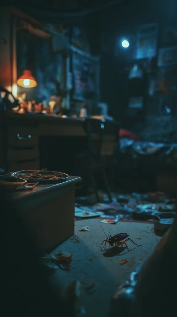 A cockroach crawls across a cluttered floor in a dimly lit room.  A desk with a lamp and scattered items is visible in the background, suggesting a messy workspace or living area. The overall atmosphere is dark and somewhat unsettling, emphasized by the low lighting and the presence of the insect.  The image evokes a feeling of neglect and disarray.