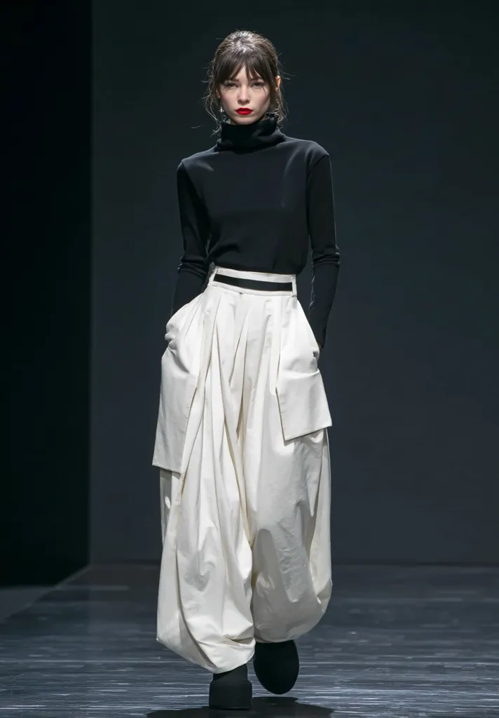 A fashion model walks the runway, showcasing a modern and minimalist ensemble.  She wears a fitted black turtleneck sweater paired with dramatic, loose-fitting off-white pants featuring large pockets and a gathered design. The pants fall in voluminous folds around her ankles.  The overall look is chic and contemporary.