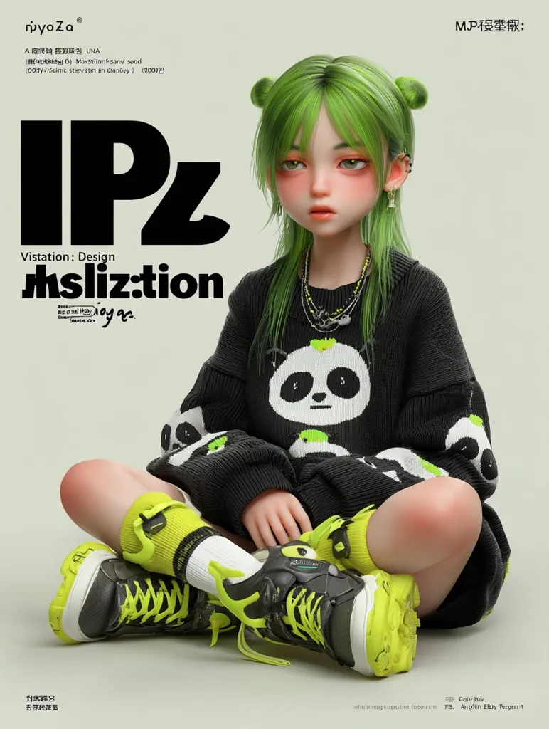 A 3D rendering showcases a stylized female character with bright green hair, styled in buns. She's dressed in a black panda-print sweater and neon yellow socks and chunky sneakers. The image features the text "IPZ" prominently displayed, along with other text suggesting design elements. The overall aesthetic is trendy and playful, combining cartoonish features with fashion-forward elements.