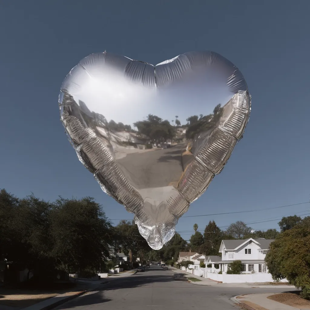 A large, silver heart-shaped balloon floats above a quiet residential street.  The balloon's reflective surface mirrors the houses and trees below. The scene is peaceful, with a clear blue sky. The contrast between the whimsical balloon and the everyday setting creates a surreal and slightly melancholic atmosphere.