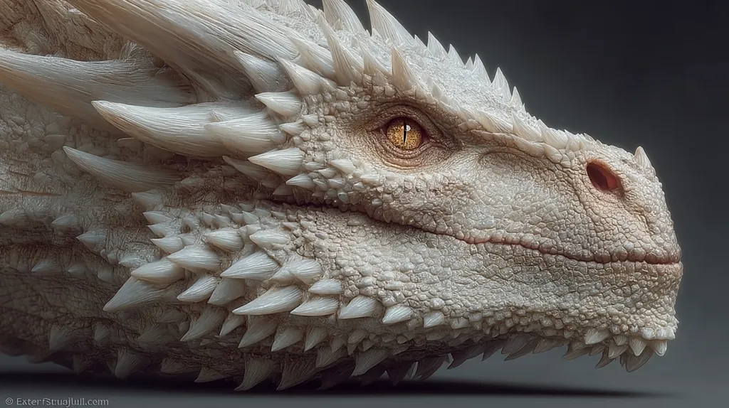 Close-up profile view of a meticulously detailed, white dragon's head.  The dragon's scales are sharply defined, and its skin texture is incredibly realistic.  Its amber eye and delicate spines along its jawline are strikingly rendered. The overall image is of exceptional digital artistry, evoking a sense of power and ancient majesty.