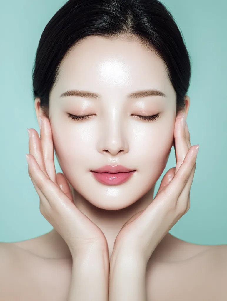 A close-up portrait of a young woman with flawless, radiant skin.  Her eyes are closed, and her hands gently caress her cheeks.  She has dark, pulled-back hair and a serene expression.  The background is a soft, pale teal. The image evokes a sense of calm and beauty, highlighting the woman's skincare.