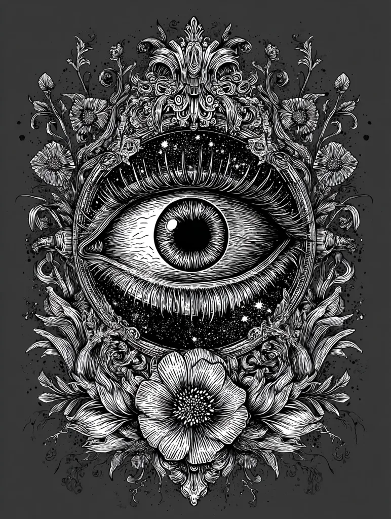 A detailed black and white illustration features a large eye encircled by an ornate frame, resembling a celestial or cosmic scene.  Intricate floral designs, including poppies and stylized leaves, frame the eye, adding a touch of gothic elegance. The style is reminiscent of vintage engravings or woodcuts, with heavy use of shading and line work. The overall effect is both captivating and mysterious.