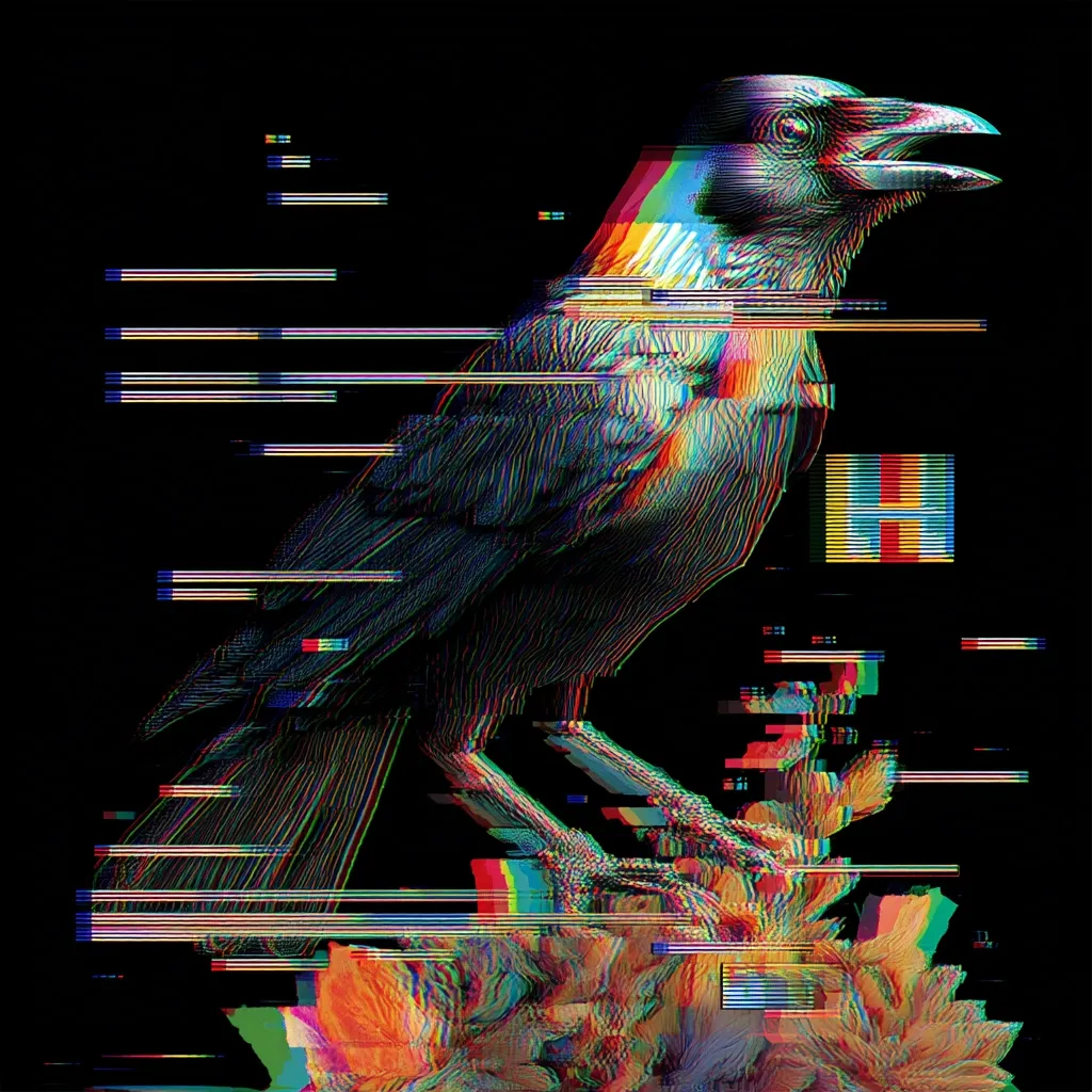 A stylized image of a crow perched on a flower. The artwork features a glitch effect, with vibrant rainbow-colored lines and pixelated areas overlaying the bird and floral elements. The crow is depicted in detail, while the background is predominantly black, enhancing the contrast and creating a surreal, digital aesthetic.  The overall impression is one of dark beauty and technological distortion.