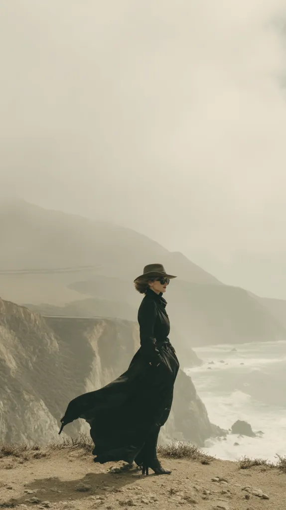 A woman in a long black coat and brown hat stands on a cliff overlooking a dramatic coastline. The wind catches her coat, creating movement.  The ocean stretches out before her, the waves crashing against the rocks below. The atmosphere is moody and atmospheric, with a muted color palette.  The scene evokes a sense of solitude and contemplation.