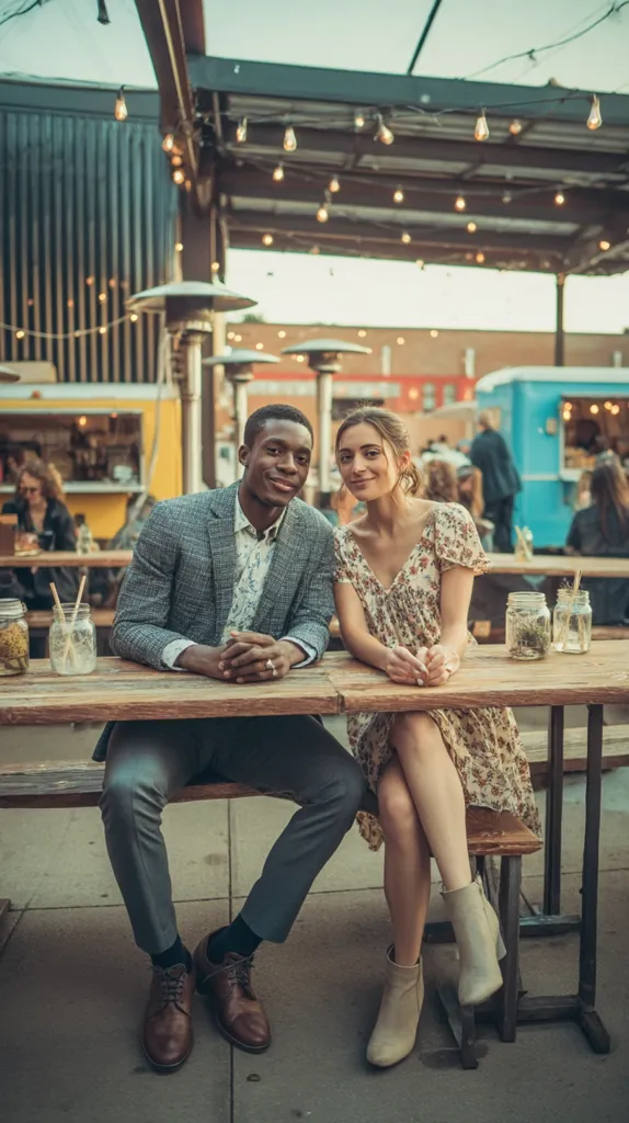 A stylishly dressed couple sits at a rustic wooden table outdoors.  The man wears a grey blazer and brown shoes, while the woman sports a floral dress and ankle boots.  String lights illuminate the outdoor seating area, which features food trucks and other patrons in the background.  The scene is warm and inviting, suggesting a casual date or evening out.