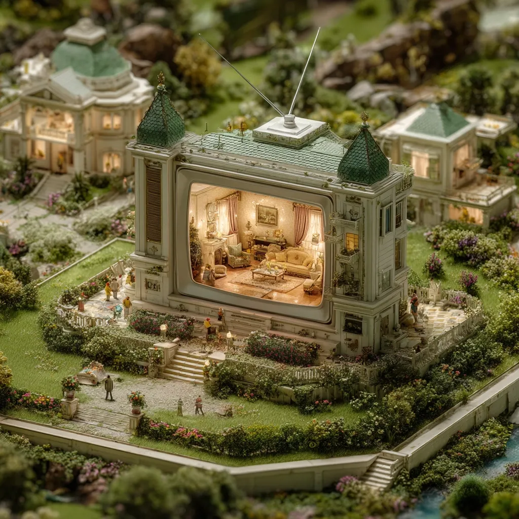 A meticulously crafted miniature scene depicts a vintage television set transformed into a grand mansion.  The television screen reveals an intricately detailed interior, while the exterior of the "TV house" sits within a landscaped garden, complete with miniature people and surrounding buildings. The image blends reality and fantasy, showcasing exceptional model-making skill.