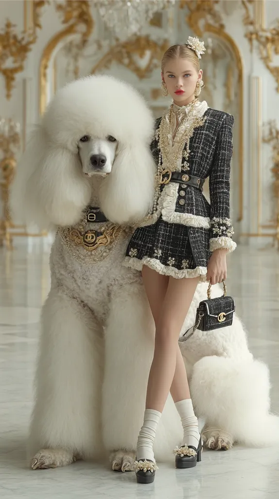 A young woman in a black and white tweed suit and pearl accessories poses with a large white standard poodle.  Both are adorned with opulent details. The setting is a grand, ornate interior, suggesting a luxurious and elegant atmosphere. The woman carries a small black purse, complementing her stylish outfit.  The image exudes sophistication and a sense of high fashion.