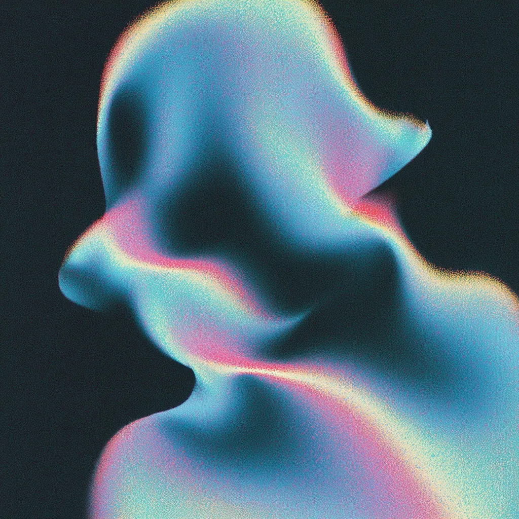 An abstract image showcases a flowing, iridescent form against a dark background.  The shape resembles a draped fabric or a cloud, with pastel blues, pinks, and hints of yellow creating a shimmering, ethereal effect.  The texture appears slightly grainy, adding to its dreamlike quality. The overall mood is mysterious and visually captivating.