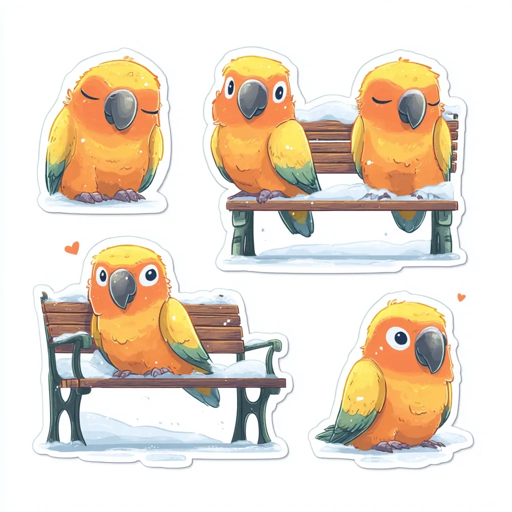 Five adorable sun conure parrot stickers are shown. One sticker features a single parrot sitting alone, while another shows two parrots together on a snow-covered bench.  Two other stickers show single parrots on snow-covered benches, each displaying different expressions.  The last shows a single parrot, plump and round. All are set against a white background.