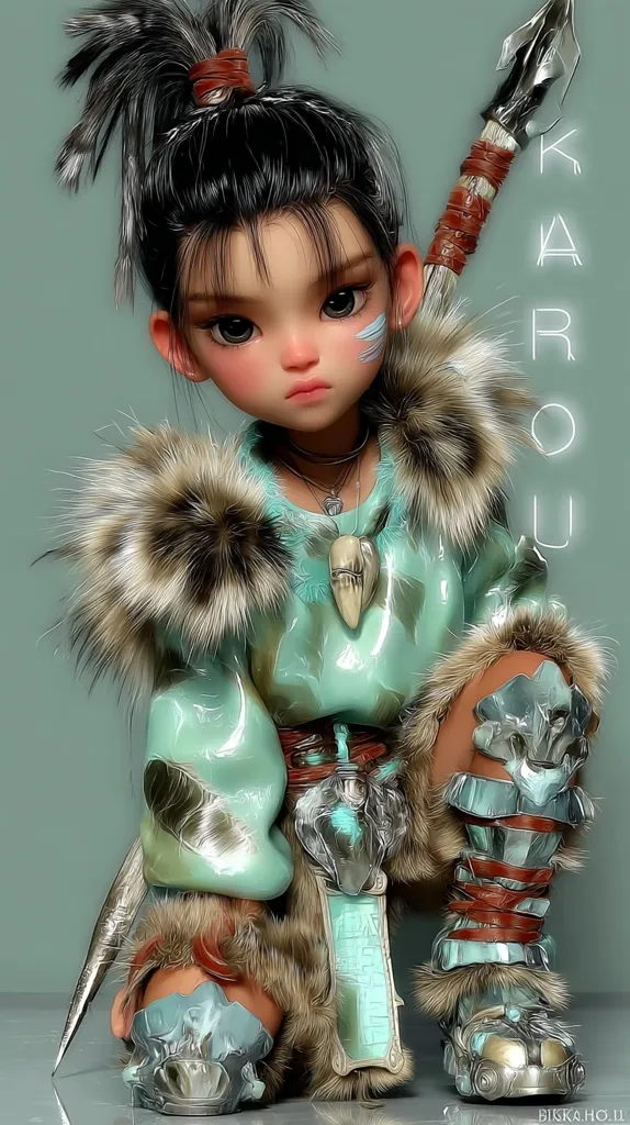 A 3D rendering of a young girl, styled as a stylized warrior. She has dark hair in a topknot, fair skin with a blue facial marking, and wears a teal tunic and fur-trimmed armor.  She holds a spear and has a serious expression. The image is digitally painted with a focus on detailed textures and lighting, giving a fantasy-like aesthetic.  Her outfit incorporates elements of both traditional and futuristic design.
