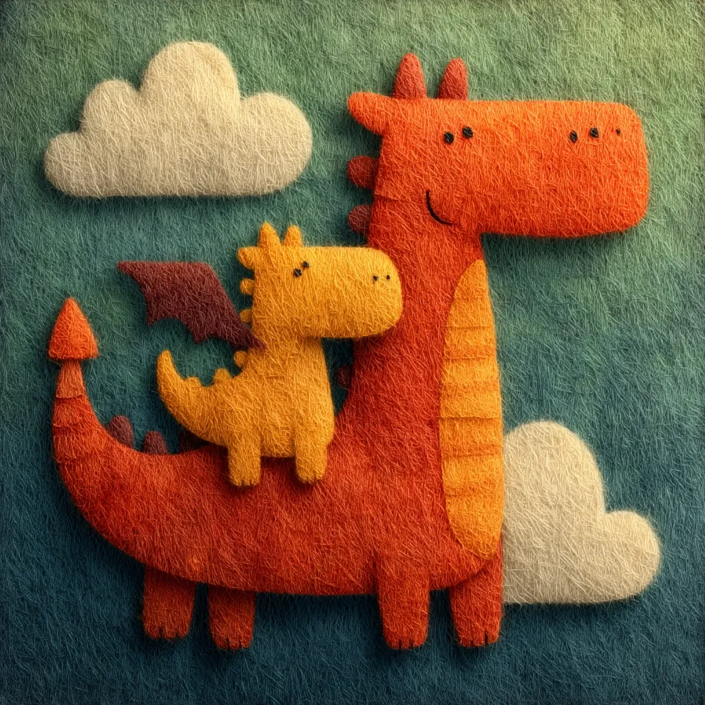 A charming illustration features a large, orange dragon carrying a smaller, yellow dragon on its back.  Both dragons have friendly expressions.  They are depicted against a textured, teal background with fluffy, white clouds. The style is reminiscent of felt appliqué, giving the image a soft, whimsical quality.
