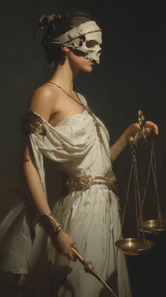 A woman in a flowing, off-white Grecian-style gown holds a scale of justice.  Her face is obscured by a skull mask, creating a dramatic and somber effect.  Gold embellishments adorn her dress and jewelry. The overall mood is dark, mysterious, and evocative of mortality and judgment.  The style is reminiscent of classical portraiture.