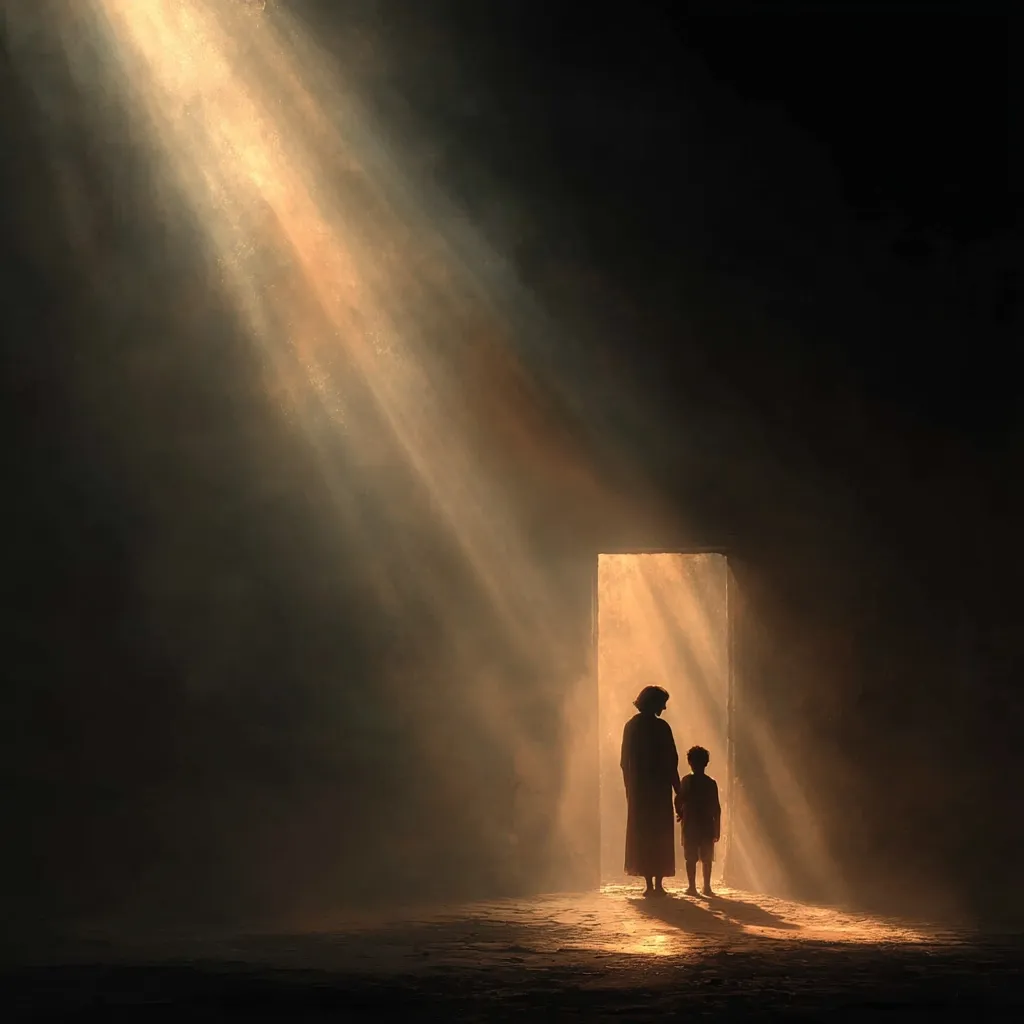 A silhouetted woman and child stand in a doorway bathed in golden light.  The light streams through an opening in a dark, cavernous space, creating a dramatic contrast.  Their posture suggests hope and a sense of emergence from darkness into a brighter future.  The overall mood is one of serenity and spiritual significance.