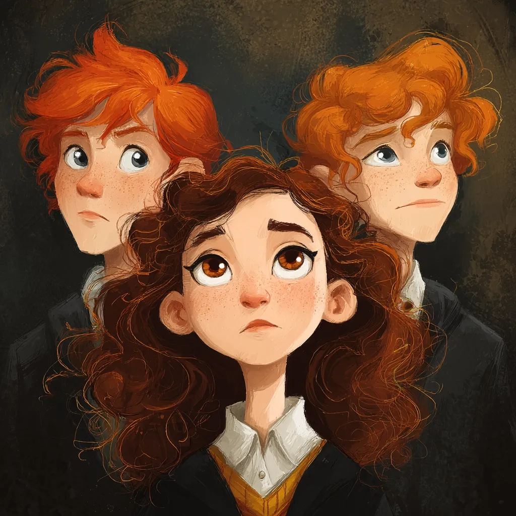 A stylized illustration depicts Ginny Weasley flanked by her brothers, Fred and George.  Ginny, with her characteristic curly brown hair and freckles, gazes upward with a pensive expression.  Fred and George, mirroring her freckles and vibrant red hair, flank her, their solemn faces suggesting shared contemplation. The painting's dark background accentuates the trio's features, creating a dramatic and intimate portrait.