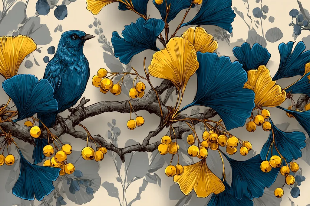 A stylized illustration features a vibrant blue bird perched on a branch laden with golden berries.  Surrounding the bird are striking teal and gold Ginkgo Biloba leaves, meticulously detailed in a graphic style. The background showcases a muted beige tone with hints of grey, creating a serene and elegant contrast. The overall aesthetic is sophisticated and nature-inspired.