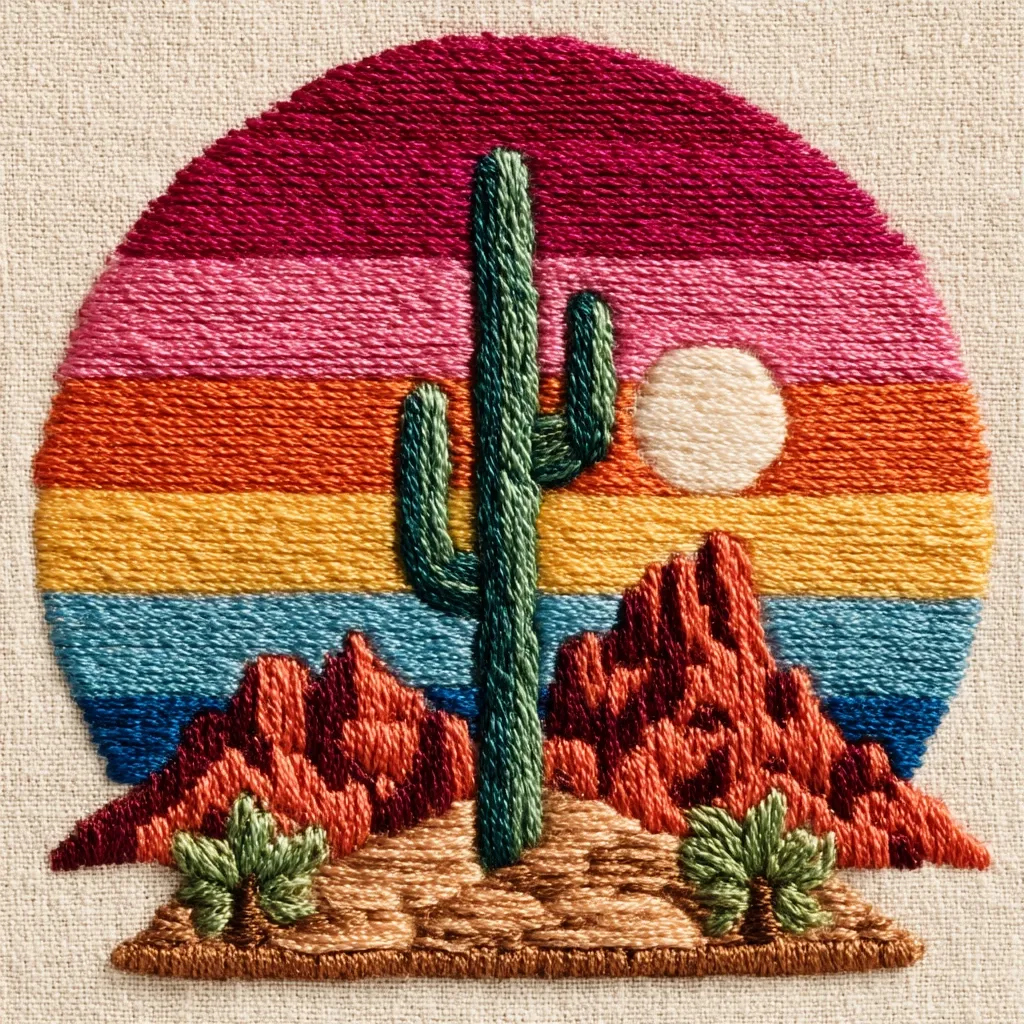 A vibrant embroidered artwork depicts a desert sunset.  A tall saguaro cactus stands prominently against a circular backdrop of multicolored horizontal stripes representing the setting sun.  Silhouetted reddish-brown mountains are at the base, and small desert plants are embroidered at the bottom.  The piece is stitched onto a light beige fabric, creating a textured and colorful scene.