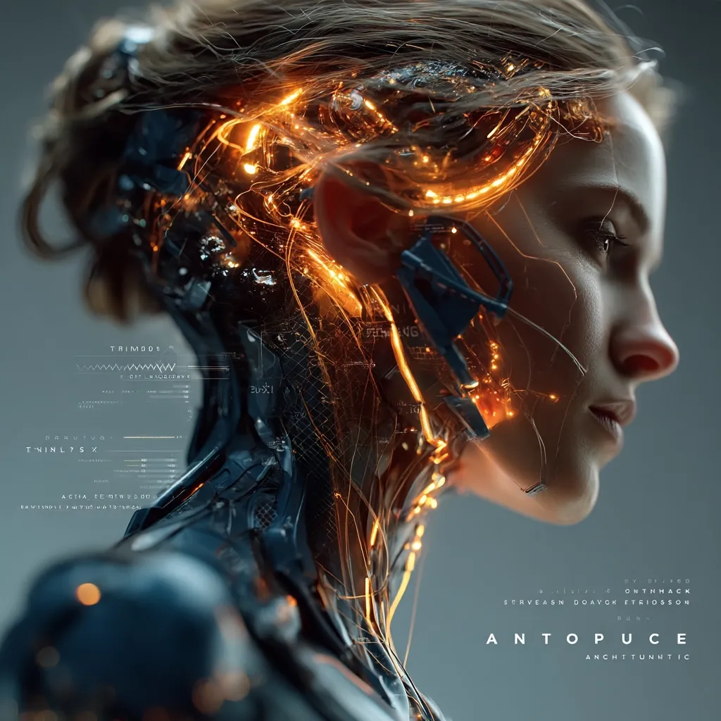 A stylized portrait of a woman's profile, her head and neck interwoven with glowing, intricate metallic circuitry and data streams.  The image is dark and moody, suggesting a futuristic or cyberpunk aesthetic.  The woman's expression is pensive, her gaze directed away from the viewer.  Text overlays hint at technical data and the title "ANTOPUCE," implying a science fiction context.