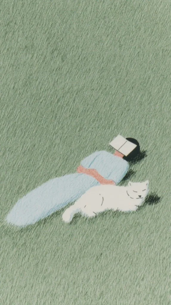 A minimalist illustration depicts a person lying on their side in a light blue dress on a green grassy field.  A white cat rests beside them.  A book covers the person's face. The style is simple and serene, evoking a sense of calm and peaceful relaxation.