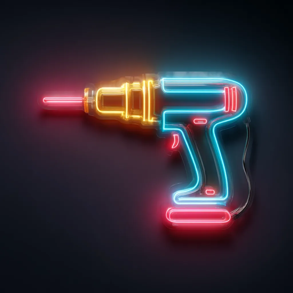 A neon sign in the shape of a cordless drill glows against a dark background.  The drill is depicted in vibrant neon colors:  the body is teal, the trigger is red, and the drill bit and chuck are a warm yellow-orange. The image has a modern, almost futuristic feel, showcasing the tool in a stylized, eye-catching manner.