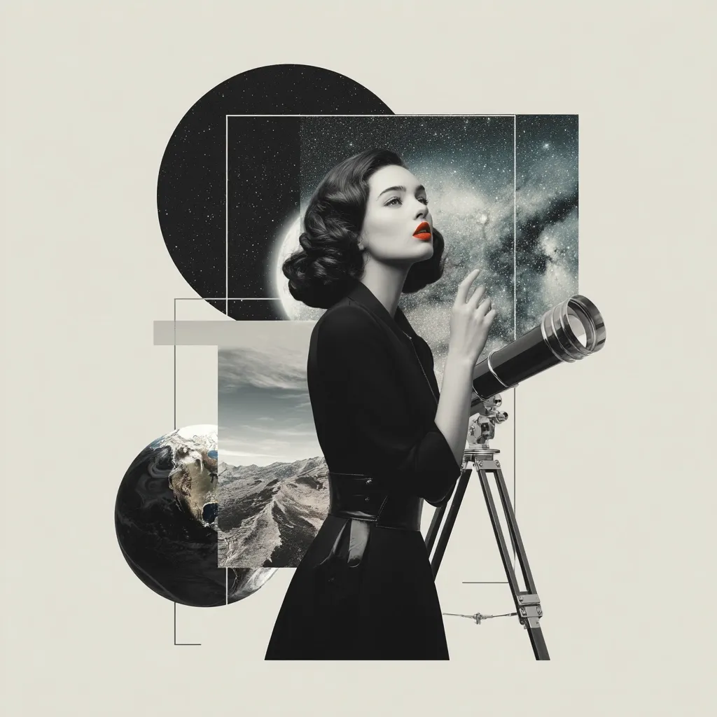 A stylish woman in a black dress, with vibrant red lipstick, gazes intently through a telescope.  The collage incorporates celestial imagery – a moon, stars, and a galaxy – alongside a terrestrial landscape and a partial view of Earth.  Geometric shapes frame the elements, creating a visually striking and surreal composition that blends feminine elegance with cosmic exploration.