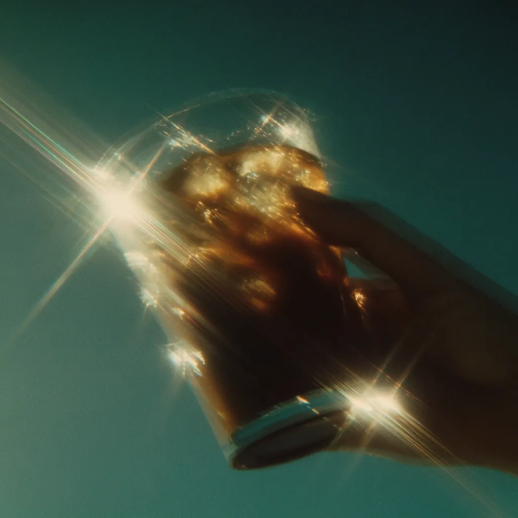 A hand submerged in teal water holds a glass of iced coffee.  Sunlight refracts through the water, creating a dazzling lens flare effect around the glass.  The image is stylized with a dreamy, ethereal quality, emphasizing the coolness of the drink and the underwater setting.  The overall aesthetic is vintage and atmospheric.